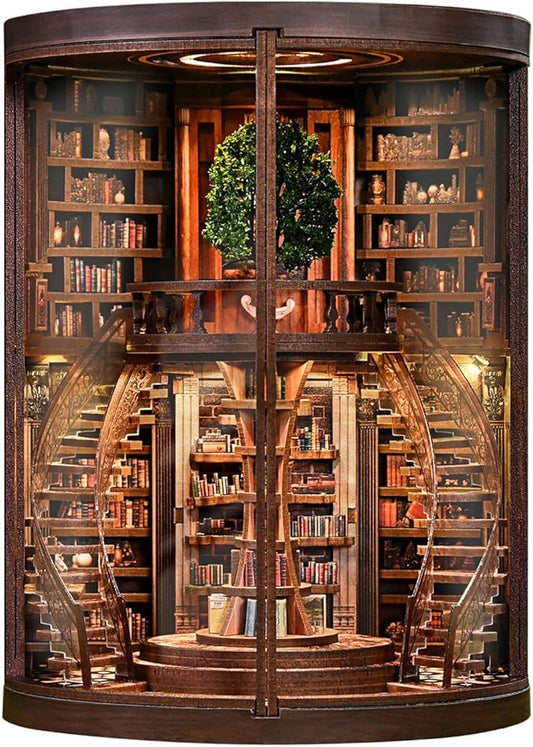 Book Nook Kit for Adults & Teens – DIY Miniature House Library, Wisdom Ring Library 3D Wooden Puzzle Bookend Bookshelf Insert with LED Light, Dollhouse Craft Kit for Decor & Gifts