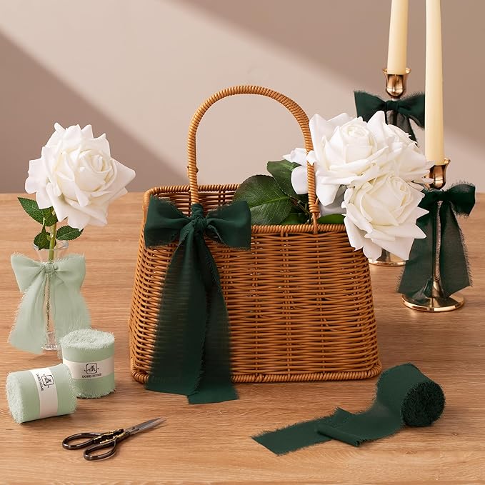 DORIS HOME Dark Green Chiffon Ribbon for Flower Bouquet, 2" x21Yd Fabric Ribbon for Gift Wrapping, Handmade Frayed Ribbon for Wedding/Christmas Decorations