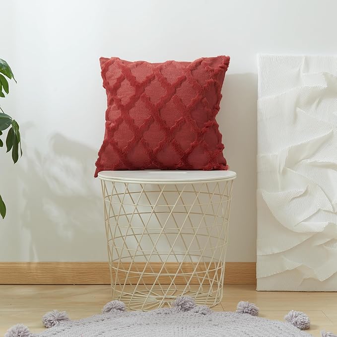 EMMTEEY Boho Fluffy 20X20 Pillow Covers Set of 2 - Single-Sided Striped Embroidery Design, Neutral Nordic Style Pillow Case Bed Sofa Decor for Cozy Home Styling, Burgundy