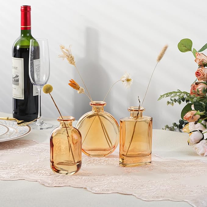 Joeyan Amber Glass Bud Vase Set of 3 - Decorative Rustic Flower Vase - Small Bottle Vase Centerpieces for Wedding, Home, Office, Table Décor