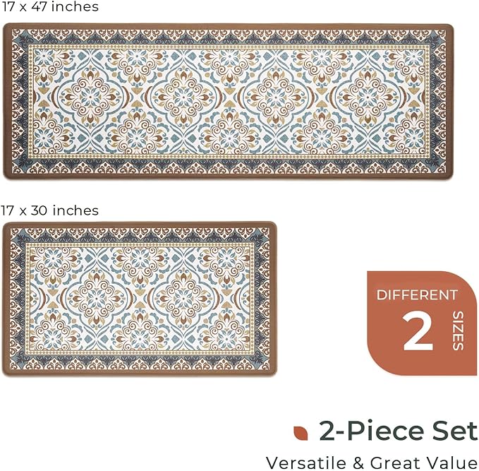 FRESHMINT Anti Fatigue Kitchen Mats for Floor 2 Piece Set, Waterproof & Non-Skid Moroccan Tile Kitchen Rugs, Cushioned Kitchen Mat for Standing Washable Comfort Desk Kitchen Runners, 17x30+17x47