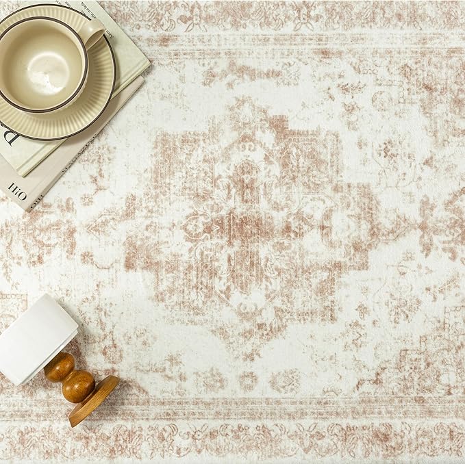 PureCozy Runner Rug 2x10 Cream Hallway Washable Beige Carpet Non Slip Vintage Medallion Beige Carpet Low Pile Soft Distressed Retro Indoor Long Rug for Entryway Kitchen Bathroom Laundry Bedroom