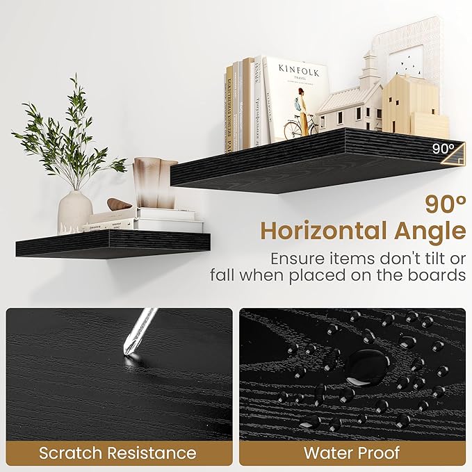 Fun Memories 48 Inch Floating Shelves in Black, 9.3 Inch Deep Floating Shelf for Bathroom Living Room Kitchen, Rusitc Wall Mounted Bathroom Shelves 1 Pack, Heavy-Duty Deep Shelf for Books Decor
