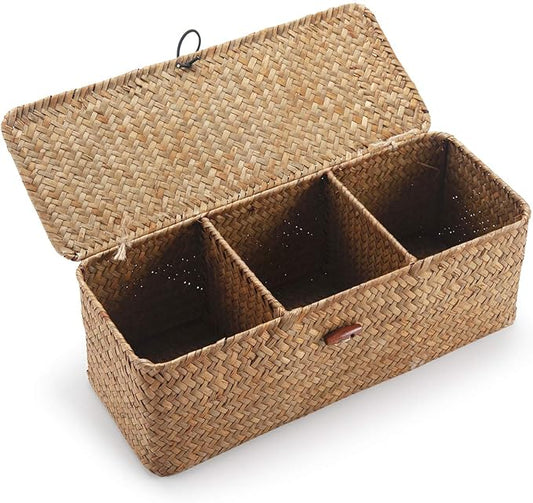 DECRAFTS Seagrass Storage Basket with Lid Rectangular Small Woven Shelf Baskets with Sections for Organize Snack Toys Tampon