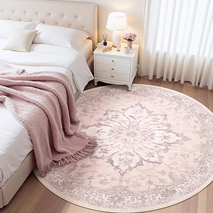 RELEANY Area Rugs 5ft Washable Non-Slip, Floral Vintage Distress Print Pattern Medallion Carpet for Living Room Bedroom Dining Room, Pink Greypink Cute