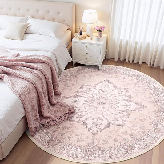 RELEANY Area Rugs 5ft Washable Non-Slip, Floral Vintage Distress Print Pattern Medallion Carpet for Living Room Bedroom Dining Room, Pink Greypink Cute