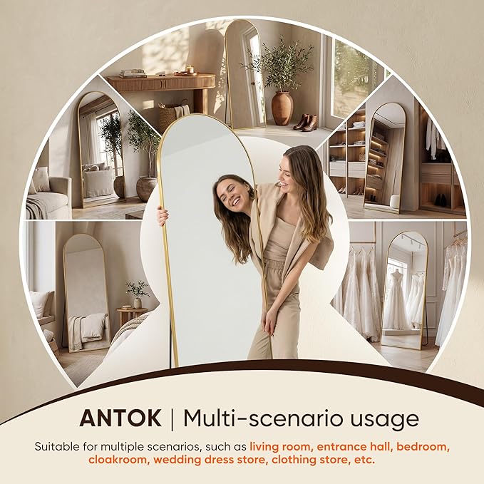 Antok Full Length Mirror, 64"x21" Floor Mirror, Arched Floor Standing Freestanding Arch Full Body Mirrors with Stand for Bedroom, Hanging Mounted for Living Room Cloakroom,Gold
