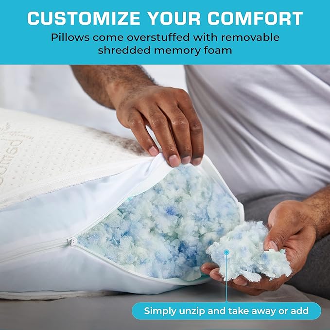 Xtreme Comforts Shredded Memory Foam Pillow- Allergy-Friendly & Cooling Pillow Cover for Side, Back & Stomach Sleepers- Machine Washable - Foam Pillows for Sleeping & Neck Pain Relief (Queen)