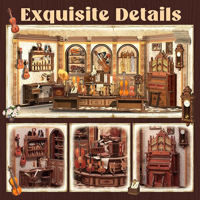 CUTEFUN Book Nook Kit - 3D Puzzle Musical Instrument Store Bookend Bookshelf Decor for Adults, Tiny House Miniature Model Building Kits, DIY Crafts Gifts for Teens & Book Lovers (Bach Strings)