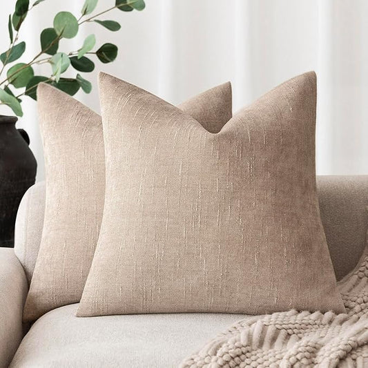 Foindtower Set of 2 Soft Textured Chenille Throw Decorative Pillow Covers Square Accent Solid Cushion Cover Cozy Neutral Farmhouse Pillow Case for Couch Sofa Bedroom Living Room 24x24 Inch,Cream Camel
