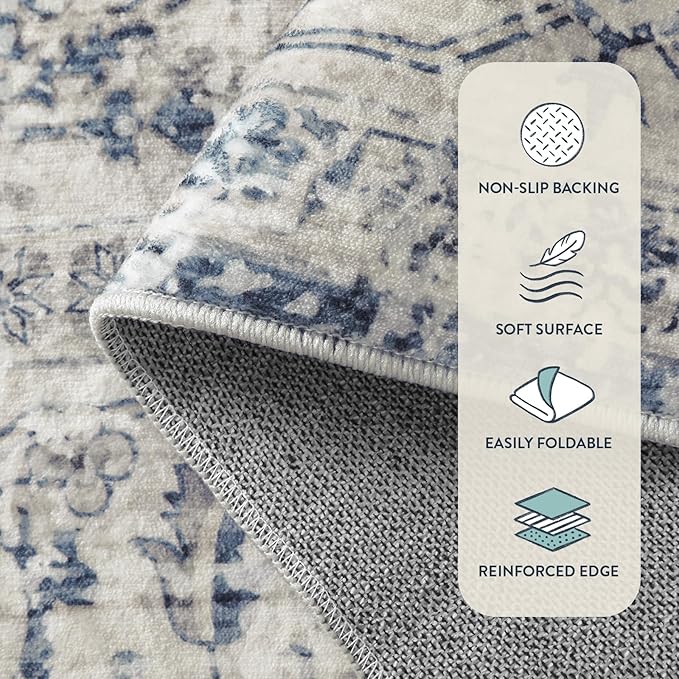 Lahome Oriental Small Area Rug, 2x4 Washable Entryway Rug Non-Slip Ultra-Thin Indoor Door Mat Distressed Throw Carpet for Kitchen Bedroom, Blue