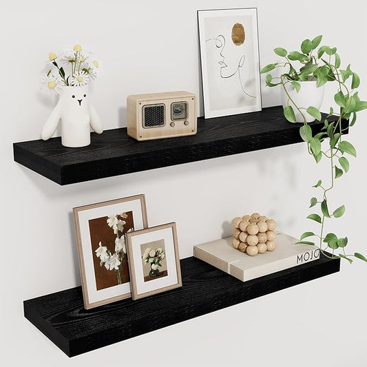 Fun Memories Deep Black Floating Shelf, 22.5" W x 6.5" D Rustic Wood Wall Shelf for Books with Invisible Brackets, Floating Shelf for Storage & Display in Kitchen, Living Room, Bedroom, 2 Packs