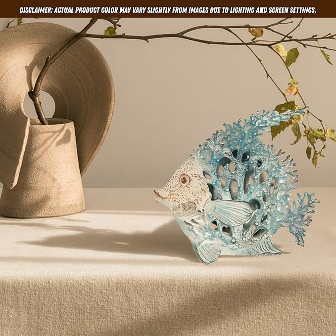 Ocean Decor - Aqua Coral Reef Angelfish Sculpture for Beach Home and Coastal Tabletop Collection, 7x7 Inches