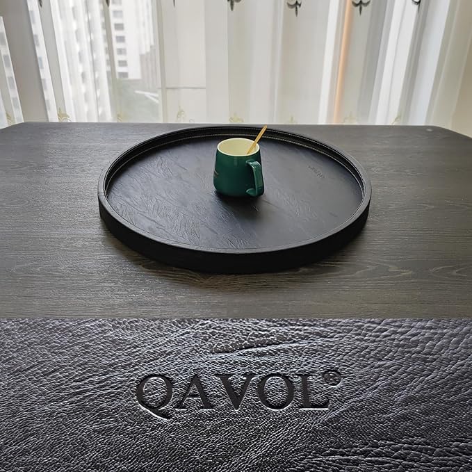 20 x 20 inches High-end Luxury Leather Round Oversized Service Tray, Ottoman & Coffee Tray for Family Dinner, Out-of-House Picnic, Party Essential (20 inch Black)