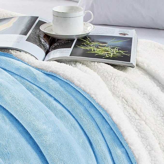 MOONLIGHT20015 Sherpa Blankets Queen Size - (Light Blue, 90X90 Inches) Fuzzy, Soft and Wool/Fleece Blanket for Bed, Fluffy Blankets for Winter, Camping and Travel