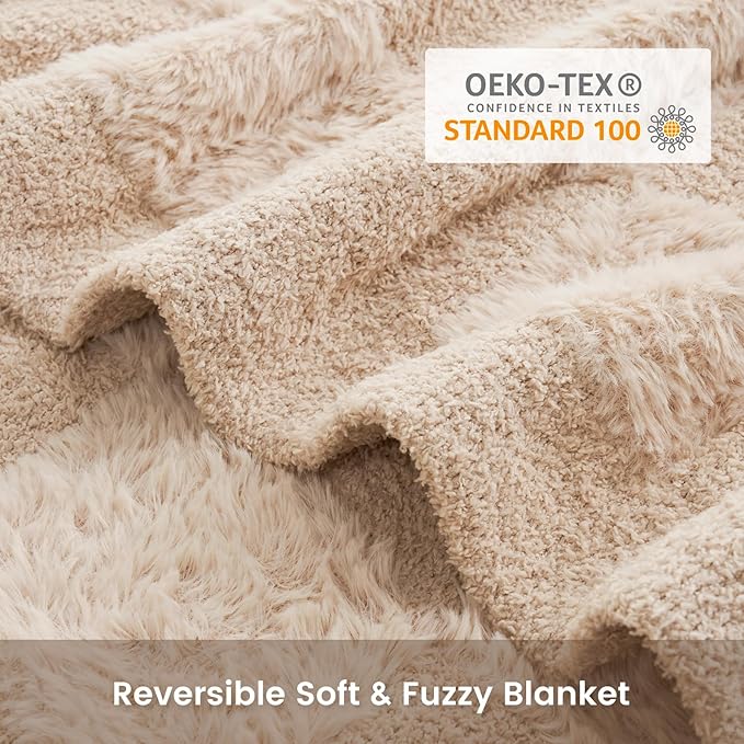 Snuggle Sac Checkered Throw Blanket Faux Fur Microfiber Blankets for Couch,Cozy Soft Warm Blanket for Sofa Bedroom Living Room,Solid Beige,50x60 inches