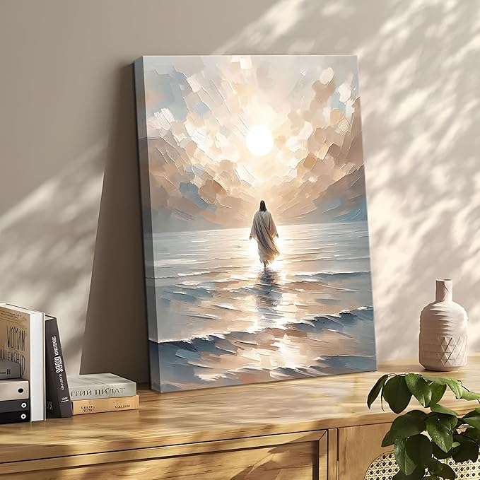 Jesus Walking on Water Canvas Wall Art, Christian Bible Stories Wall Decor Paintings, Jesus Walks on Water on Water Back Posters Prints Pictures for Church Living Room Bedroom 12x16 Inch Framed