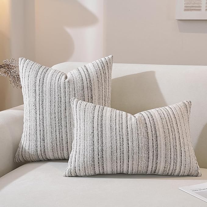 QDTTSRY Chenille Throw Decorative Pillow Covers 20x20 Set of 2, Textured Striped Boho Couch Pillow Covers, Cozy Neutral Farmhouse Cushion Cover for Couch Sofa Bedroom Living Room, Colorful Coffee