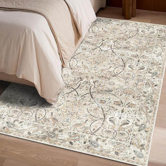 Fortsea 4x6 Beige Washable Rug, Non Slip Low Pile Vintage Floor Mat for High-Traffic Entryway & Kitchen (4x6, Beige)