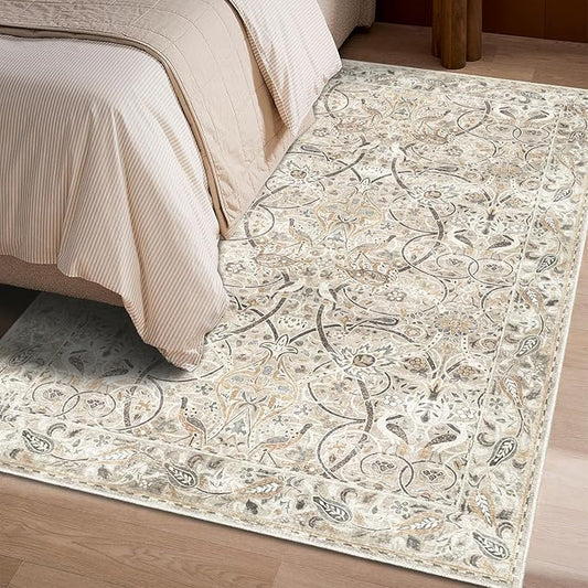 Fortsea 4x6 Beige Washable Rug, Non Slip Low Pile Vintage Floor Mat for High-Traffic Entryway & Kitchen (4x6, Beige)