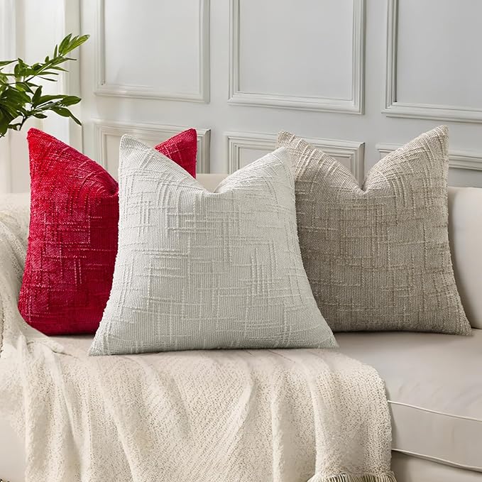 decorUhome Spring Red Chenille Throw Pillow Covers 18x18 Set of 2 Textured Slubby Couch Pillow Covers Farmhouse Accent Modern Neutral Decorative Pillow Cases for Bed Sofa Living Room