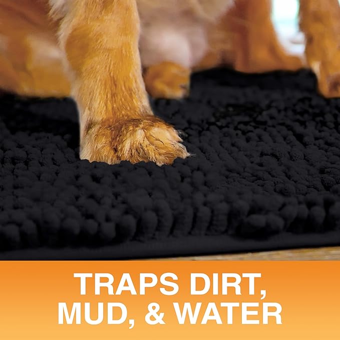Neater Pets Chenille Dog Door Mat 24” x 17” – Super Absorbent & Quick-Dry Muddy Paws Doormat for Trapping Dirt, Water, Mud - Non-Slip & Machine Washable Pet Rugs for Entryway, Indoor Mud Mats, Black