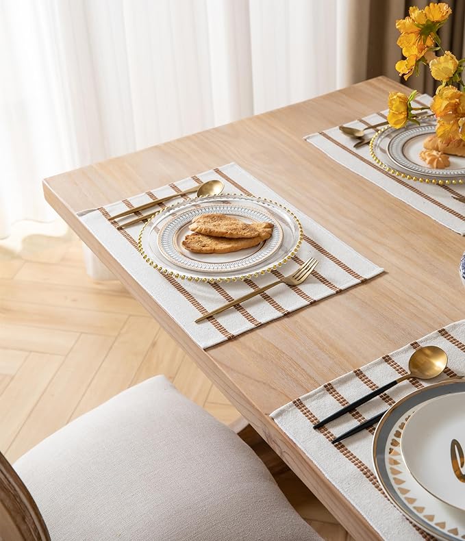 Caflife Boho Farmhouse Placemats Set of 6, Brown Stripes Cotton Linen Woven Table Mats for Modern Dining Table, 13x19 Inch Rustic Kitchen Decor Place Mats
