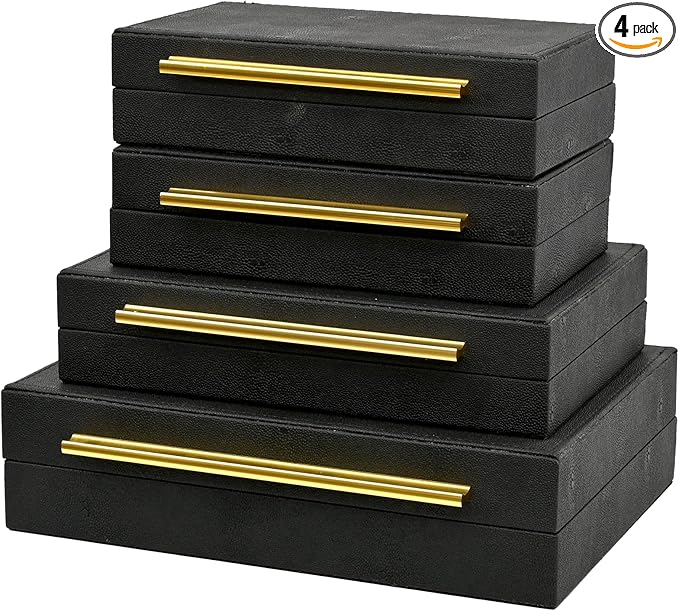 Faux Shagreen Leather Jewelry Boxes Set of 4 with Gold Handles, Stackable Decorative Storage Organizer for Rings, Earrings, Vanity, Dresser, Black