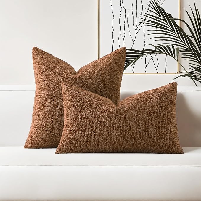 HAUSSY Set of 2 26x26 Decorative Throw Pillow Covers, Soft Cozy Euro Pillow Shams Textured Boucle, Home Decor for Couch Bed Living Room, Tobacco