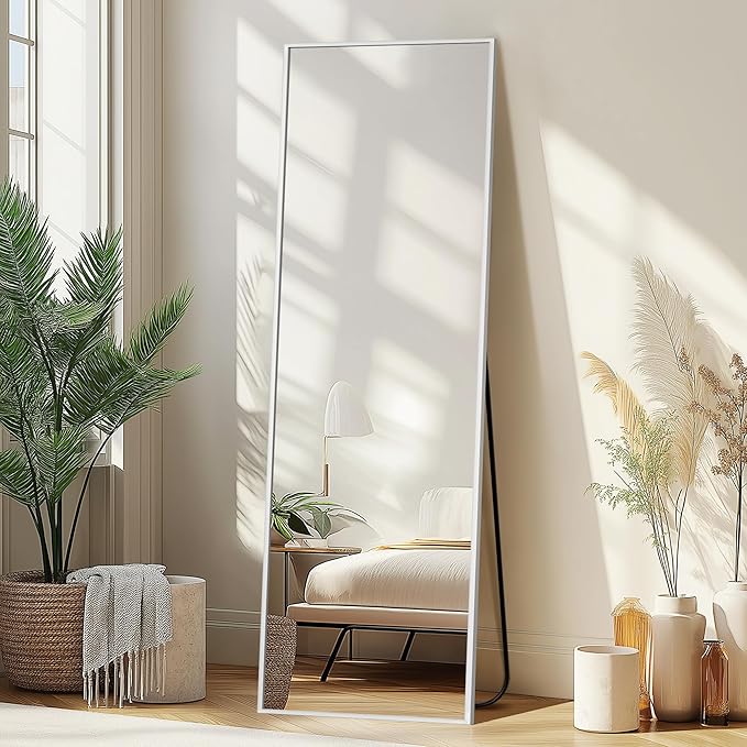 Delma Full Length Mirror,Large Floor Mirror with Aluminum Frame for Bedroom, Bathroom, Living Room,Wall Mount or Freestanding Design(with Stand,Rect 56x15-Silve)