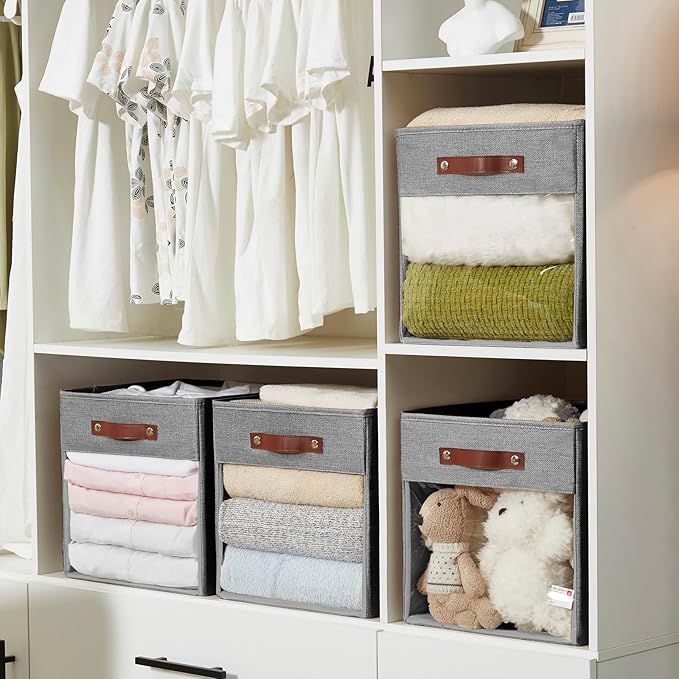 Storage Cubes Storage Organizer with Clear Window, Linen Collapsible Storage Bins with PU Handles, Cube Storage Basket for Shelves, Closet, Cabinet, Bookcase (13x13x13, Gray)
