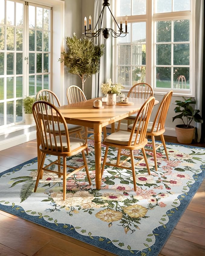 AREAMAY Floral Rug for Living Room - 4x6 Washable Area Rugs Non-Slip Soft Low-Pile Stain Resistant Carpet Unique Flower Print Vintage Indoor Rug for Bedroom Dining Room Office Nursery Room, Blue