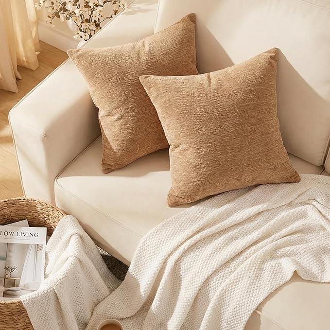 Set of 4 Brown Throw Pillow Covers 20x20 Inch, Neutral Boho Farmhouse Aesthetic Decorative Pillow Cases for Couch, Sofa, Living Room & Bed, Soft Chenille Pillow Cases, Stylish Home Decor, 50x50 cm