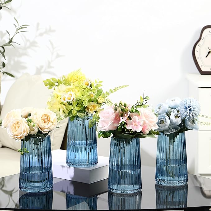 Blue Glass Vases Set of 4, Small Vases for Flowers, Flower Vase for Bouquet, Modern Ribbed Glass Vase for Living Room, Bedroom, Dining Table, Office, Wedding, Centerpieces