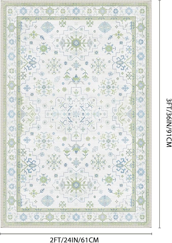 GENIMO 2x3 Runner Rug,Machine Washable Non-Slip Vintage Rugs,Low Pile Lightweight Carpet for Bedroom,Hallway,Entryway,Kitchen,Bathroom,Creamgreen