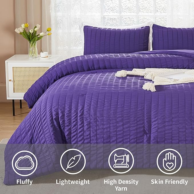 AveLom Dark Purple Seersucker Full Comforter Set (80x90 inches), 3 Pieces-Soft Washed Microfiber Lightweight Comforter with 2 Pillowcases, All Season Down Alternative Comforter Set for Bedding