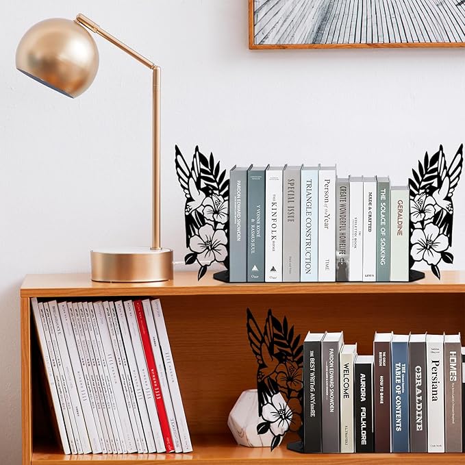 ENCIMART Bird Metal Bookends for Shelves Cute Flower Book Ends for Heavy Books Bookshelf Decorative Objects Office Home Desk Bookshelf Decor Book Lover Hummingbird Gifts for Women (Black)