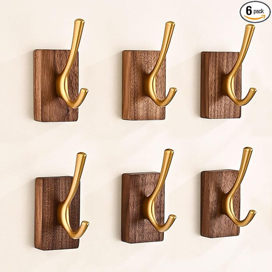 6 Pack Walnut Wood Wall Coat Hooks for Hanging, Adhesive Mounted & Wall Mount Heavy Duty Wooden Double Hook Hanger for Towel Backpack Hat Jacket Clothes Blanket Purse Robe Key Stain Gold Hook