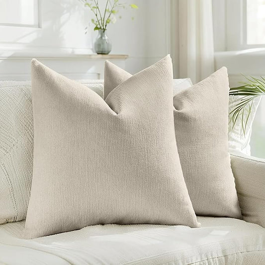 HAUSSY Beige Throw Pillow Covers 26x26 Inch Set of 2,Boho Decorative Faux Linen Throw Pillows Cozy Farmhouse Accent Cushion Covers,Home Decor for Couch Sofa Bed Living Room