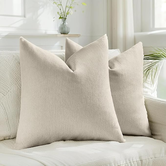 HAUSSY Beige Throw Pillow Covers 16x16 Inch Set of 2,Boho Decorative Faux Linen Throw Pillows Cozy Farmhouse Accent Cushion Covers,Home Decor for Couch Sofa Bed Living Room