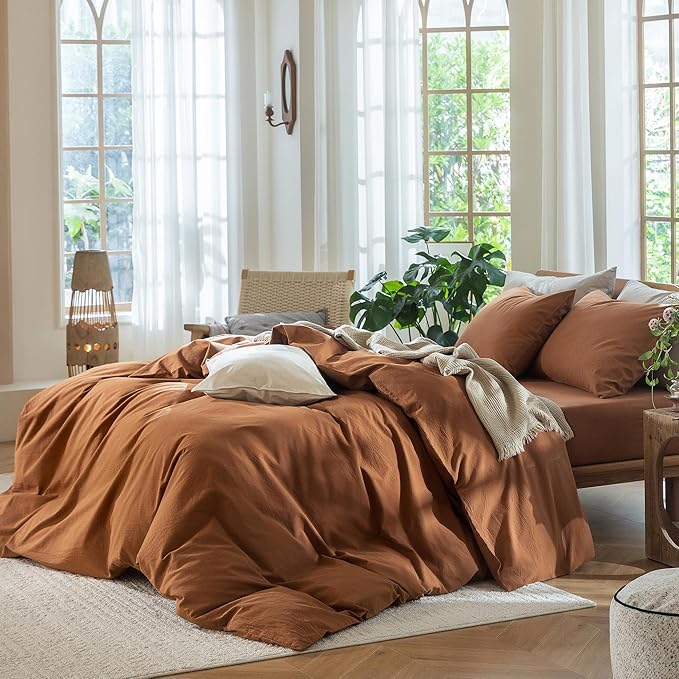 MooMee Bedding Duvet Cover Set 100% Washed Cotton Linen Like Textured Breathable Durable Soft Comfy (Solid Dark Orange, Super King 108"x98")