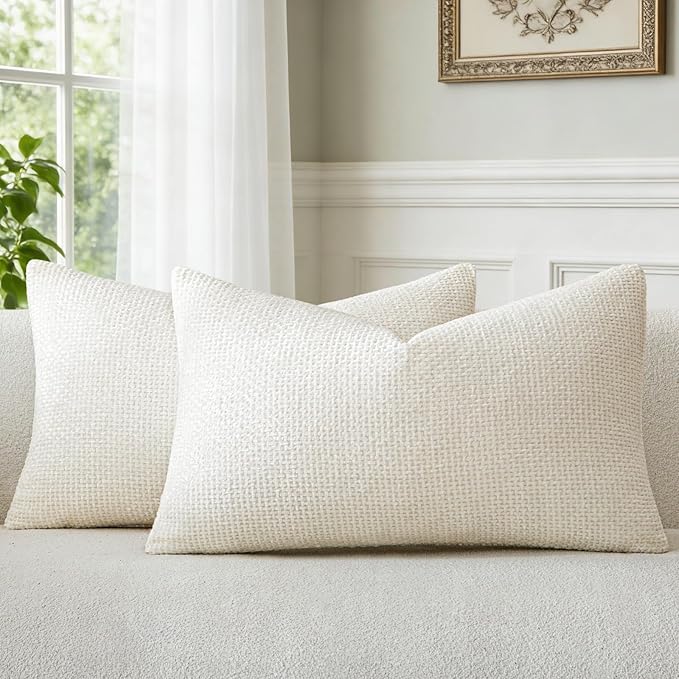 a moment Ivory Chenille Throw Pillow Covers 12x20 Inch Pack of 2 Modern Decorative Throw Pillow Covers Farmhouse Cross Covers Home Decor for Sofa Bedroom Living Room