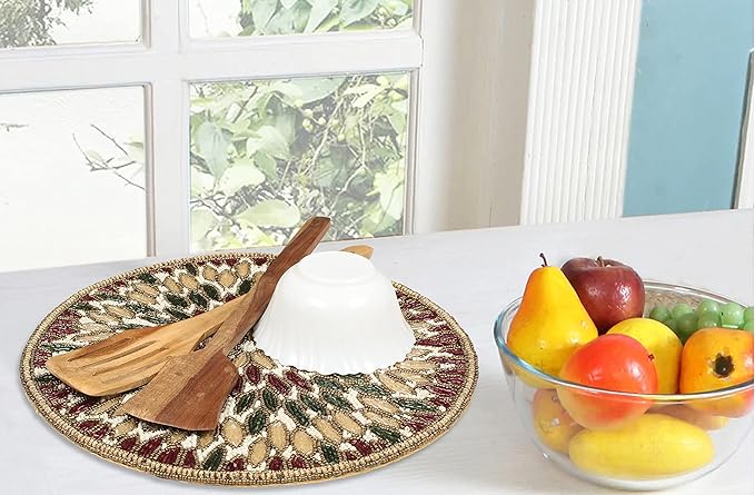 Beaded Charger 13" Round Floral Marigold – Gold, Red, Green, Placemats for Dining Table, Beaded Charger, Holiday & Christmas Décor