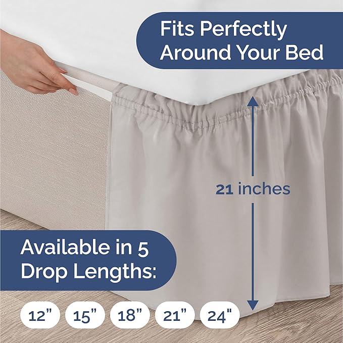 Wrap Around Dust Ruffle Bed Skirt - Light Grey - for Full Size Beds with 21 Inch Drop - Elastic Strap - Adjustable Pleated Bedskirt with Brushed Fabric and Wrinkle Free - for Women, Men, Kids & Teens