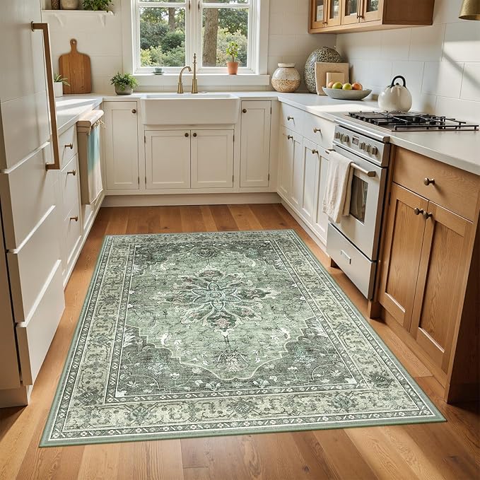 RELEANY Area Rugs 4'x6' Washable Non-Slip, Floral Vintage Distress Print Pattern Medallion Carpet for Living Room Bedroom Dining Room, Dark Green Gray