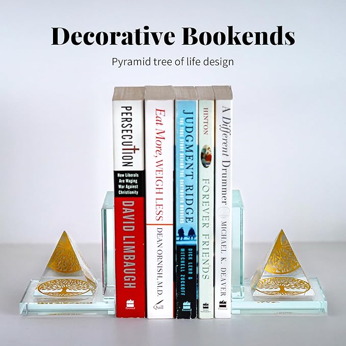 1 Pair Modern Crystal Bookends for Shelves,Tree of Life Crystal Pyramid Design,Non-Skid Book Holder,Heavy Duty Decorative Book Stopper,3.5 * 3.5 * 4''