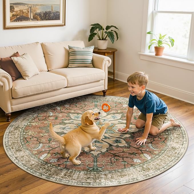 RELEANY Area Rugs 6ft Washable Non-Slip, Floral Vintage Distress Print Pattern Medallion Carpet for Living Room Bedroom Dining Room, Brick Red Rust Neutral Brown Burnt Orange