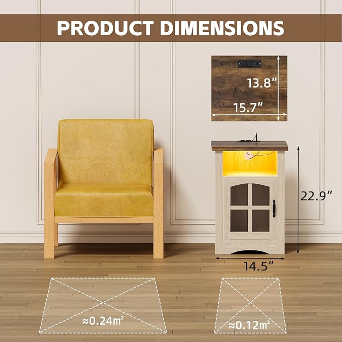 JUMMICO End Table with Charging Station and LED Open Shelf & Glass Door Cabinet, Farmhouse Nightstand with 20W Fast Charge, Side Table for Living Room (1,Light Oak & Brown)