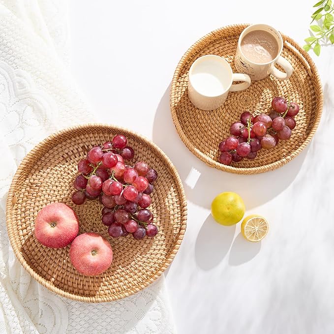 Round Rattan Serving Tray,Hand-Woven Tray with Handles, Ottoman Decorative Coffee Table Tray,Wicker Storage Basket for Tea,Fruit,Bread (Natural, 11.8")