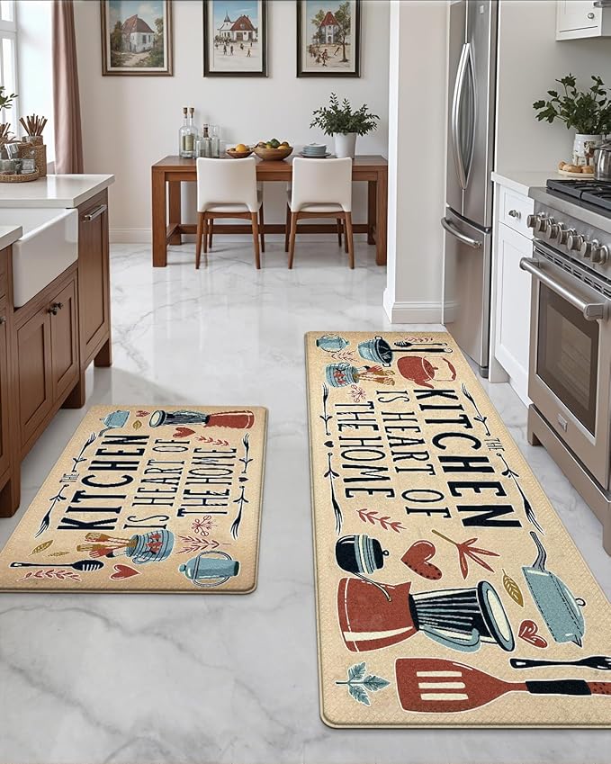 DEXI Kitchen Mats for Floor 2 Piece Set,17x29+17x59, Cushioned Standing Mat Anti Fatigue, Waterproof Comfort Farmhouse Padded for Laundry Room Office, Beige